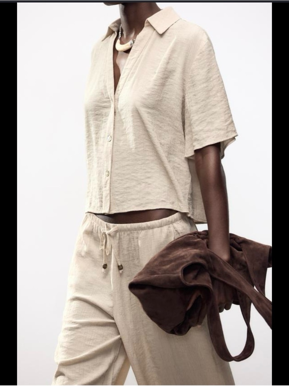 Zara Beige Cropped Button-Up Shirt and Drawstring Pants Set